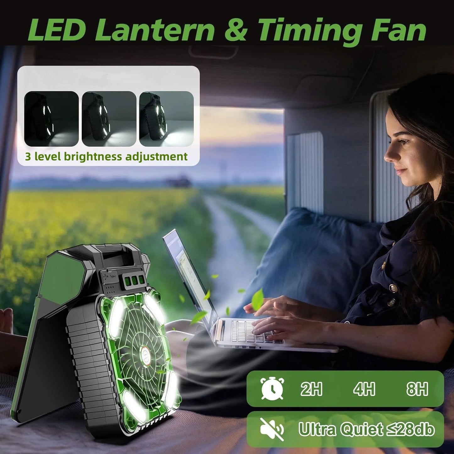Portable Solar Fans 7800mAh LED Lantern Rechargeable Solar Powered Camping Fan 4 Speeds Powerful Wind 90° Folding Ventilador
